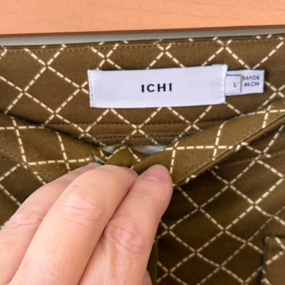 ICHI Women’s Olive Green & cream Diamond Print Button-Front Pencil Skirt L - Picture 5 of 7